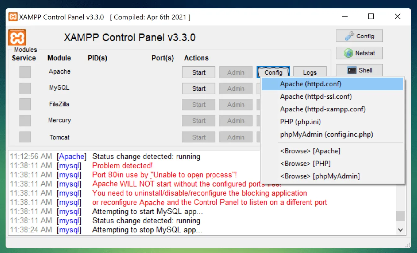 Archivo httpd.conf con la configuración de puertos de Apache