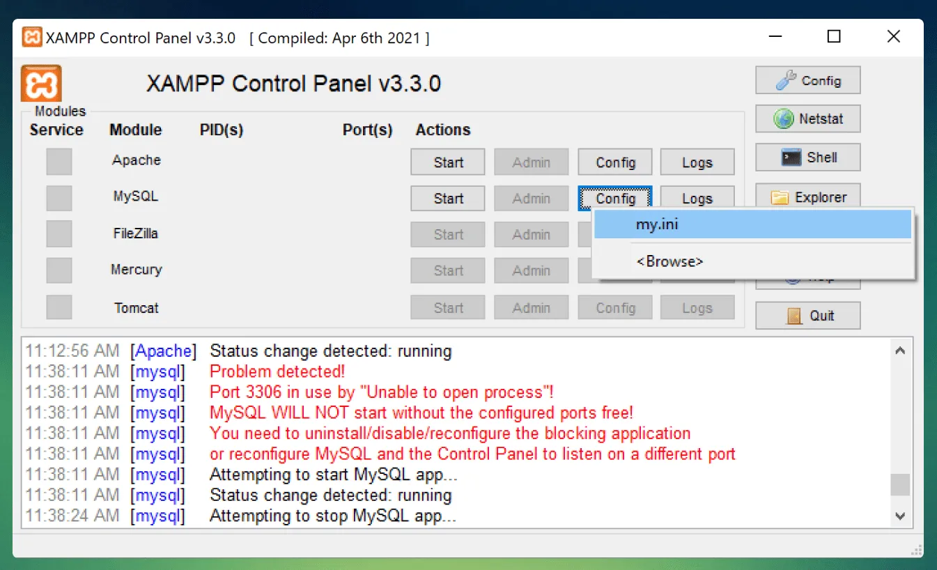 Archivo my.ini con la configuración del puerto de MySQL