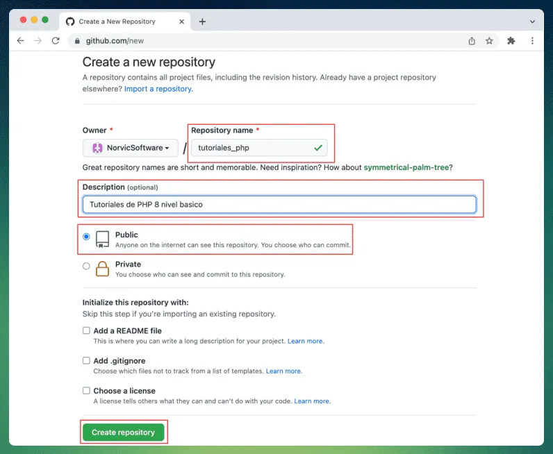 Formulario de GitHub para crear un nuevo repositorio, con los campos de nombre, descripción y visibilidad