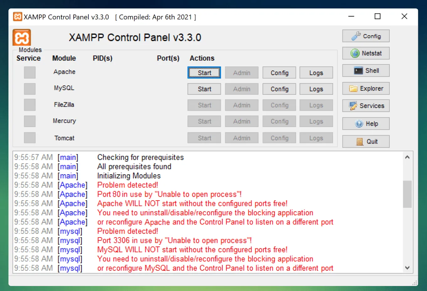 Panel de control de XAMPP mostrando el error al iniciar Apache y MySQL
