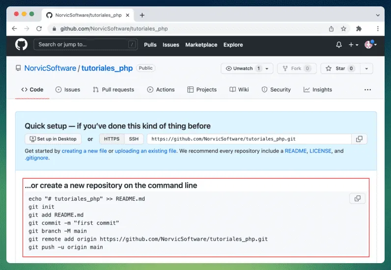 Pantalla de GitHub con las instrucciones por línea de comandos para iniciar un repositorio nuevo