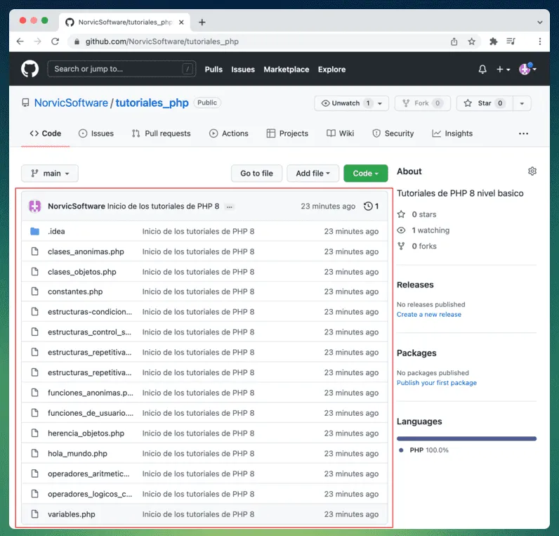 Repositorio de GitHub mostrando los archivos del proyecto ya subidos con su último commit